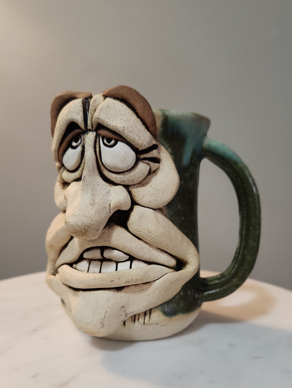 Handcrafted Face Sculpted Quirky Folk Art Pottery Mug in Green & Cream